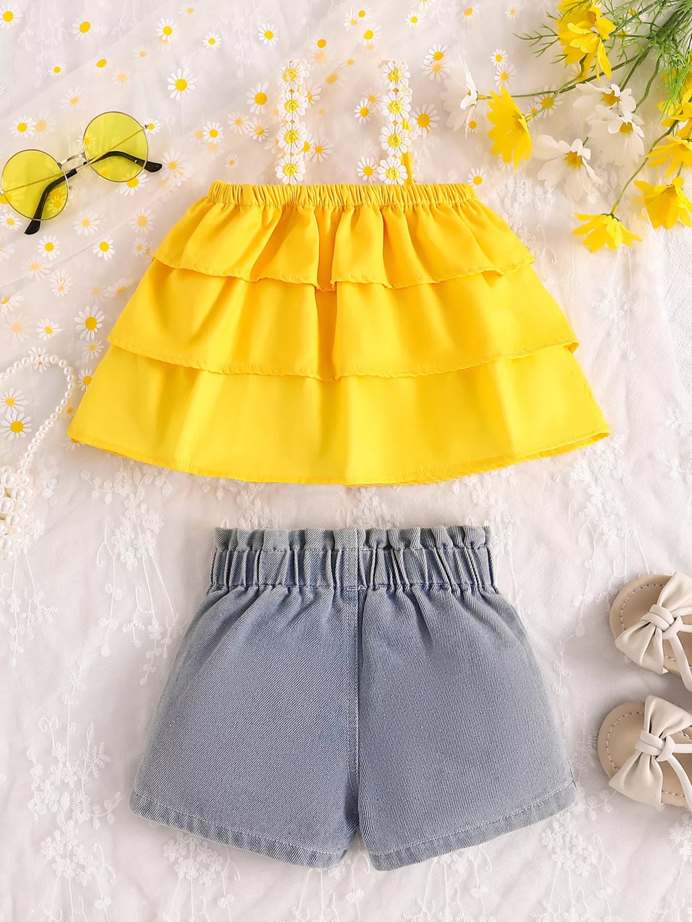 Children's Daisy Print Cami and Denim Shorts Set - -