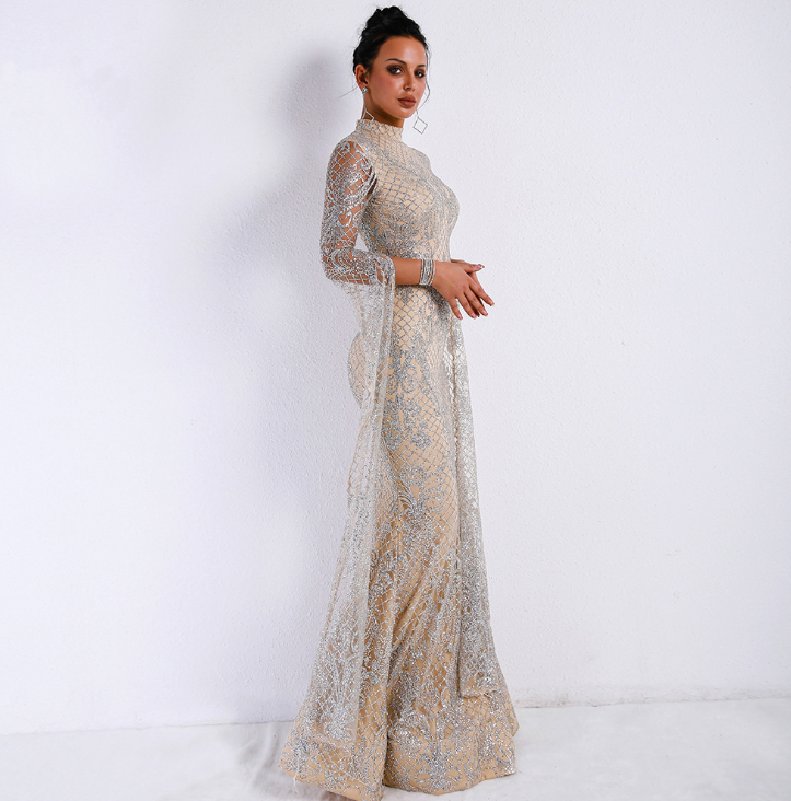 Sparkling High Neck Evening Gown - - dress