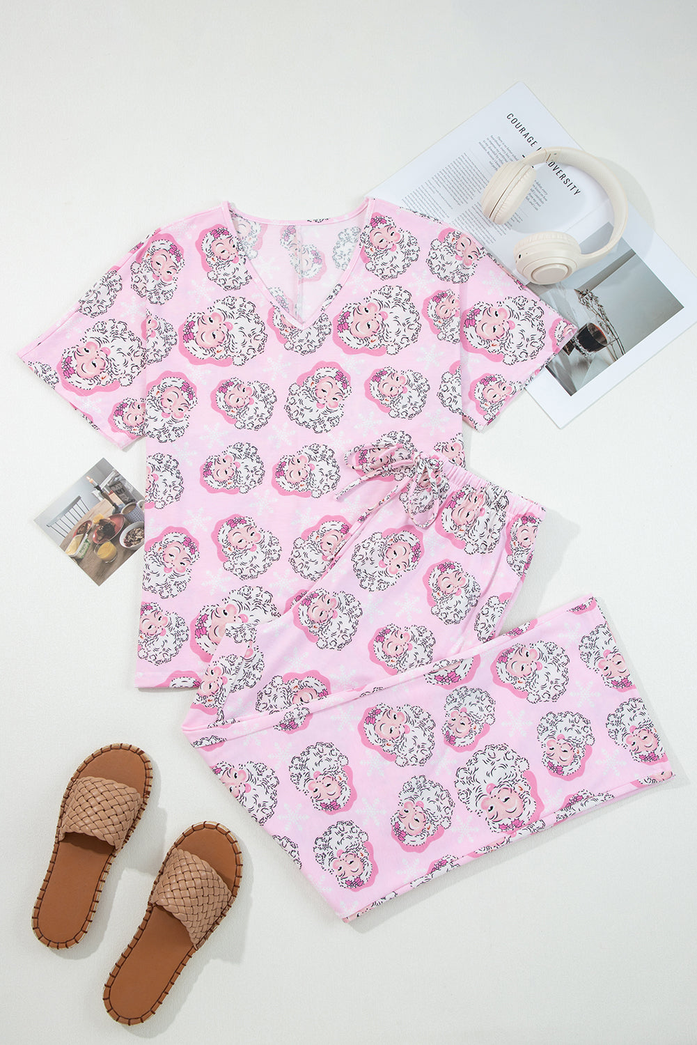 Pink Santa Claus Print V Neck Tee Drawstring Pants 2pcs Lounge Set - - Loungewear & Sleepwear/Loungewear