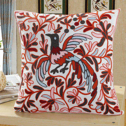 Embroidered Throw Pillow Cover 18x18inch Bird Floral Pillowcase 100% Cotton