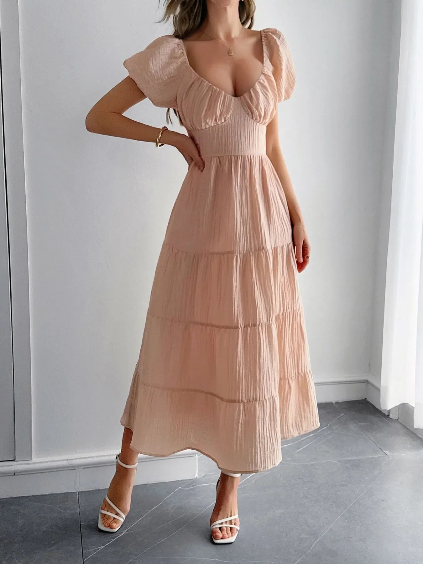 Backless Tiered Puff Sleeve Midi Dress - Pale Blush -