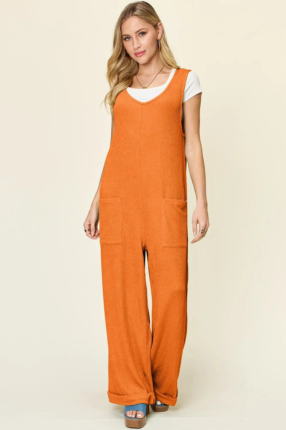 Double Take Full Size Texture Sleeveless Wide Leg Jumpsuit - Tangerine -