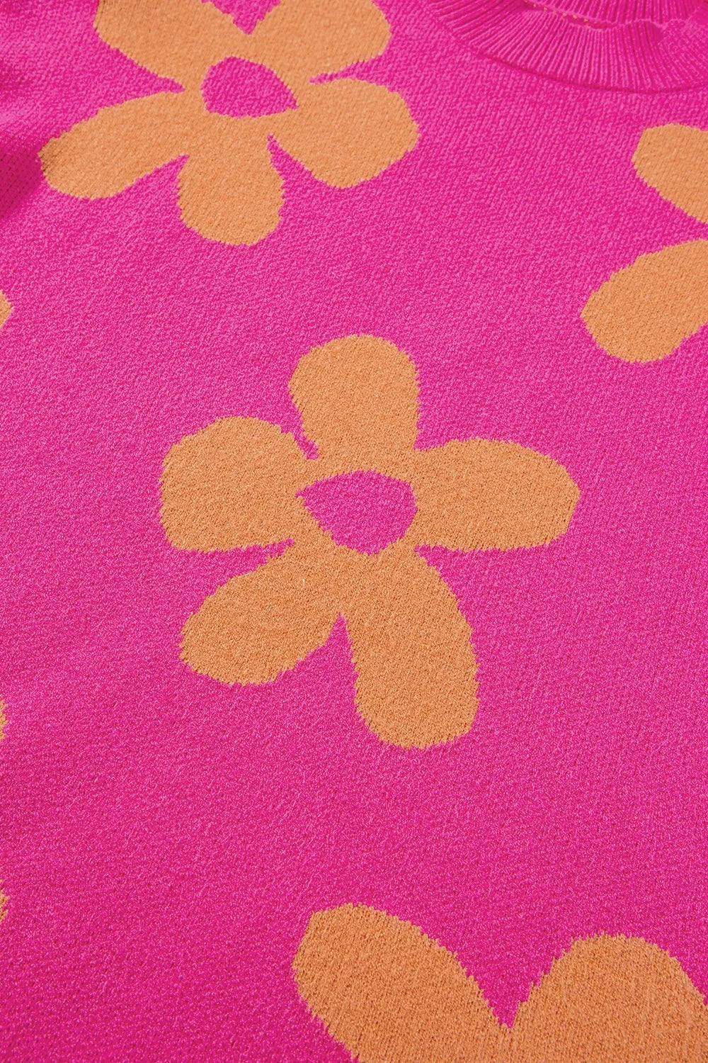 Flower Round Neck Long Sleeve Sweater - -