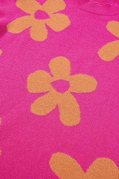 Flower Round Neck Long Sleeve Sweater - -