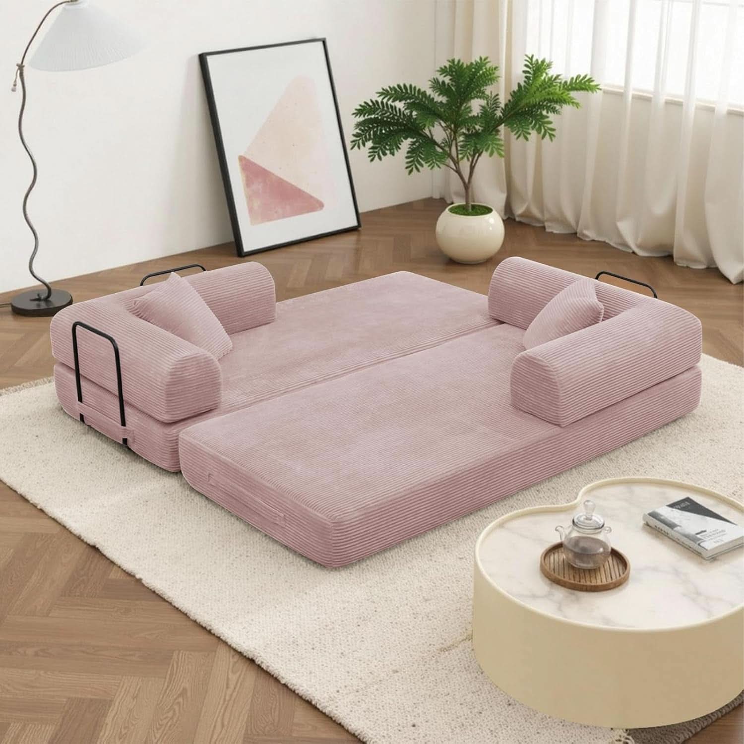 Transformable Sofa Bed QueenSize Pink Folding Frame- ShipItFurniture- {{Product type}}