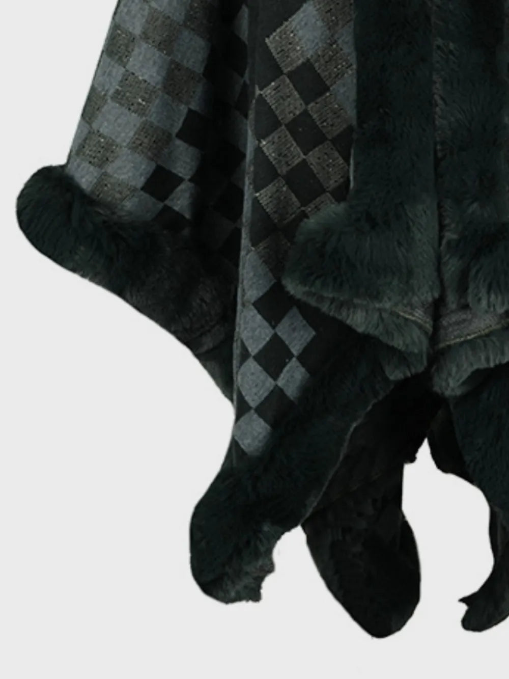Fuzzy Checkered Long Sleeve Poncho - -