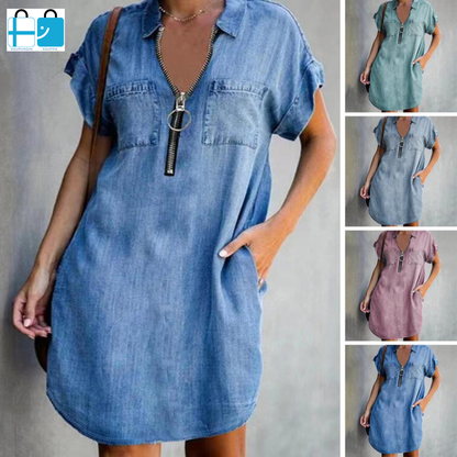 Denim Dress With Zip Closure - - dress