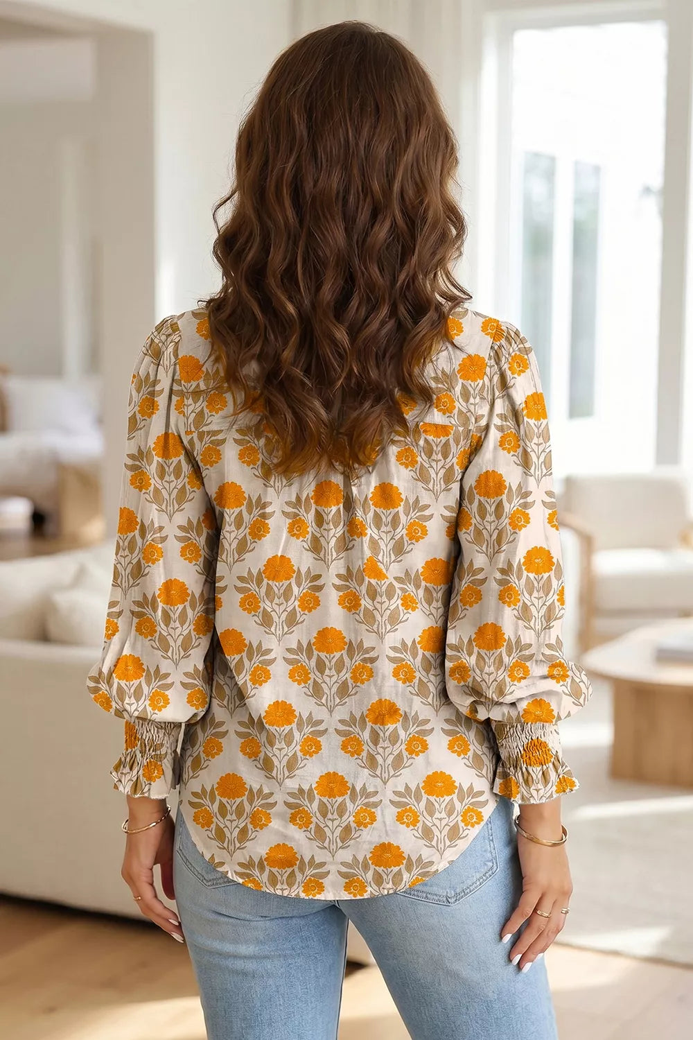 Floral Print V Neck Long Sleeve Top - -