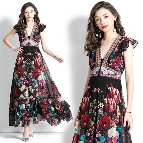 Floral High Waist Women Casual Sun Dress Sleeveless Casual Summer Maxi Dress