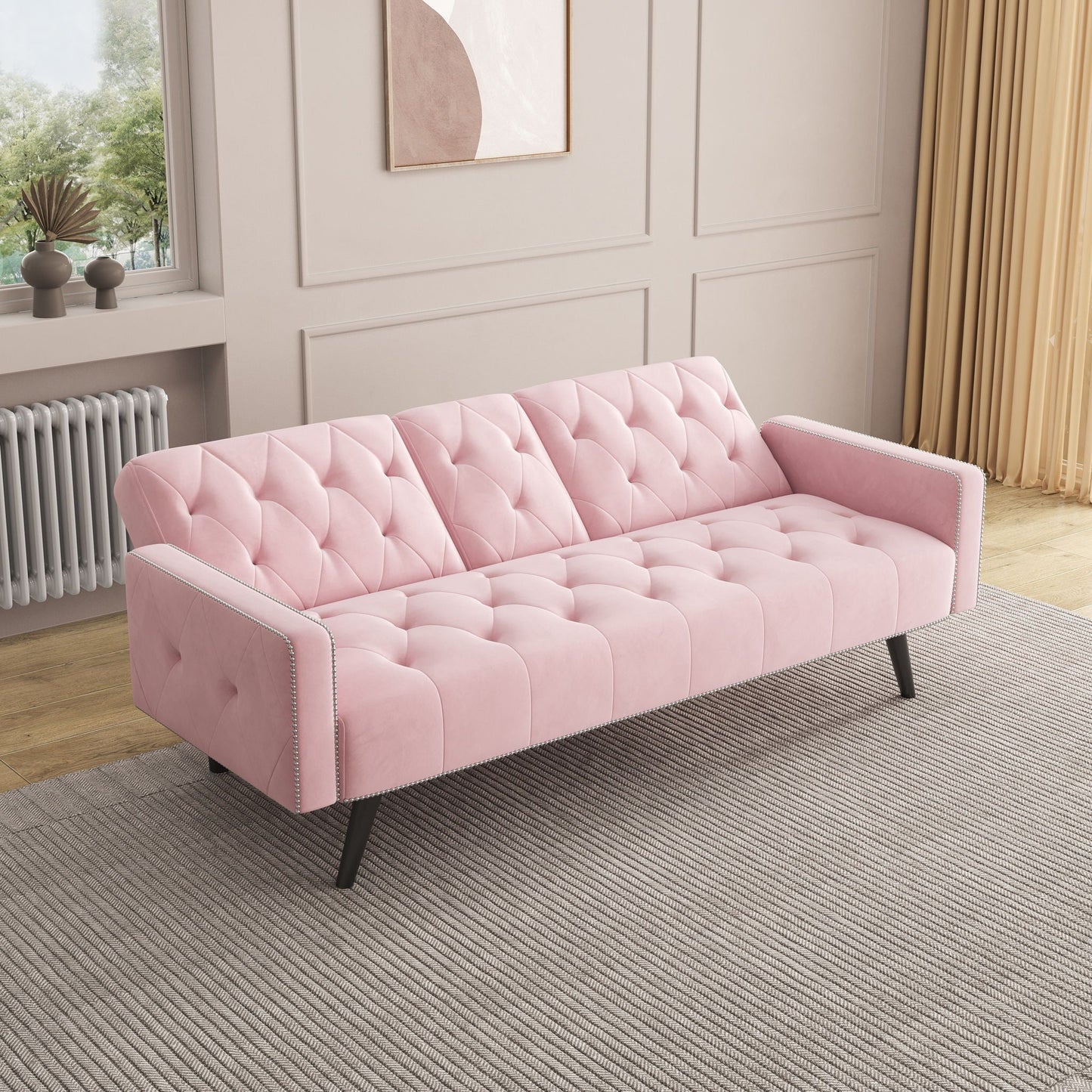 Sofa Bed With Nail Head Trim And Cup Holders - Pink- Unique Piece Furniture- {{Product type}}