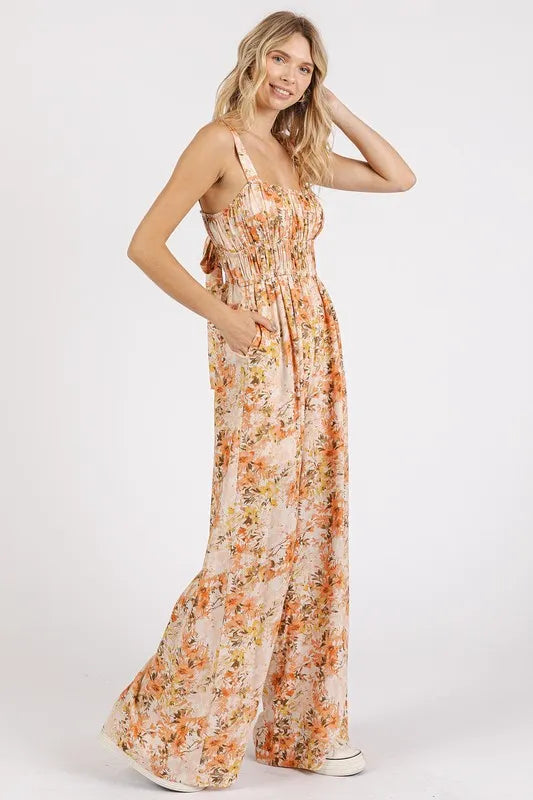 Mittoshop Flower Print Gathered Bust Sleeveless Jumpsuit - -
