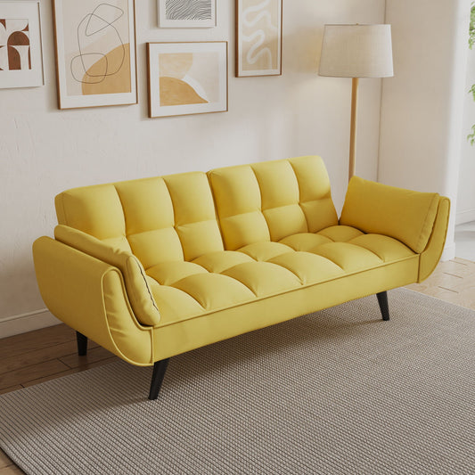 Compact Convertible Sofa Bed with Clustered Back - Yellow - Futon Sofas