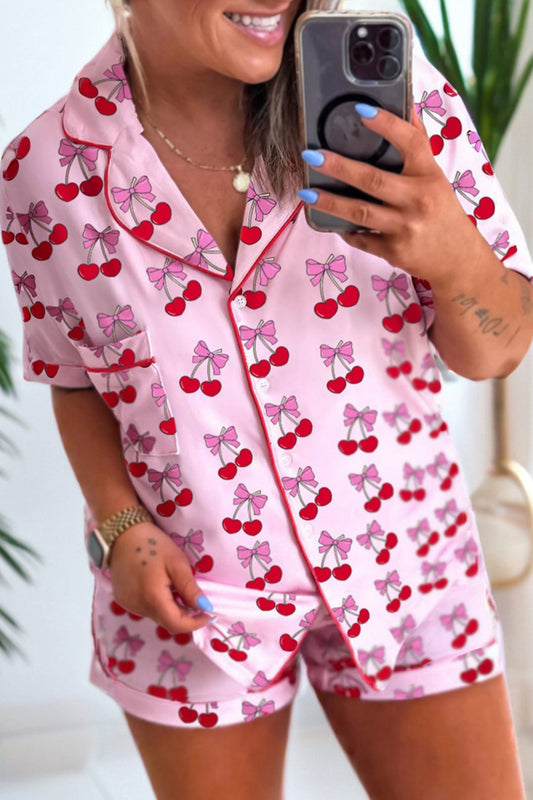 Pink Cherry Bow Print Short Pajama Set - Pink 95%Polyester+5%Elastane - Loungewear & Sleepwear/Sleepwear