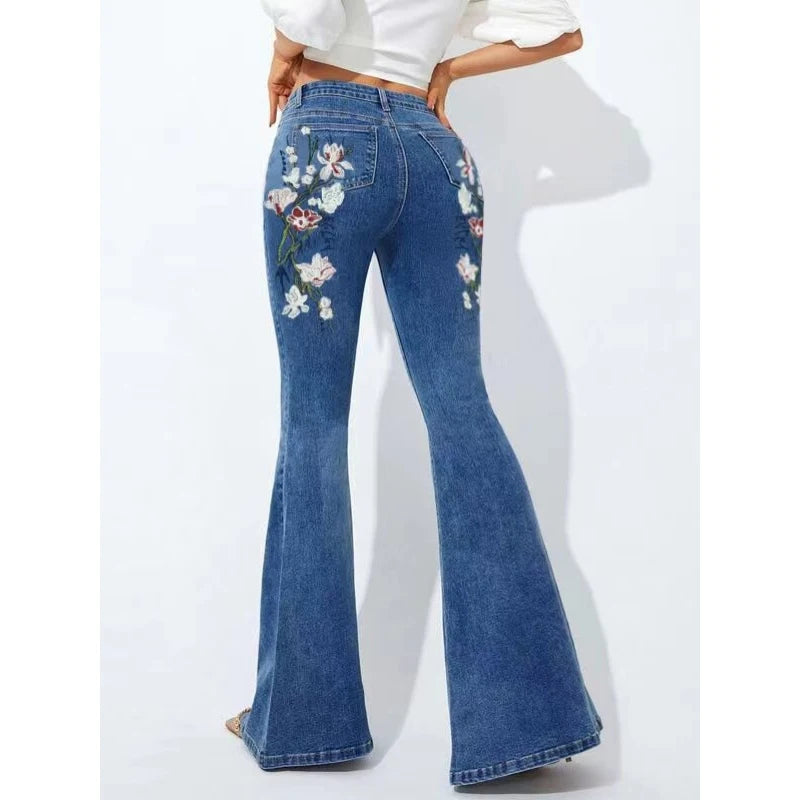 Stretch Floral Embroidery Jeans for Women