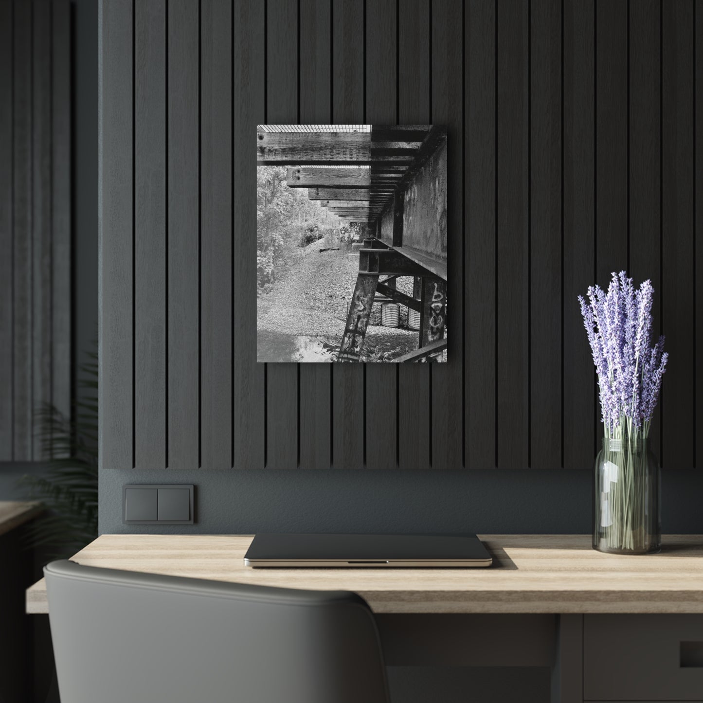 Black & White Train Trestle Acrylic Print — Rustic Industrial Wall Art French Cleat - 16″ x 20″ (Vertical) 0.25'' - Home Decor