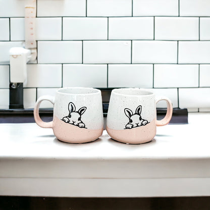 Farmhouse Ceramic Bunny Mug Hand-Painted Ivory With Pastel Pink Base, 12 Oz - - Mugs