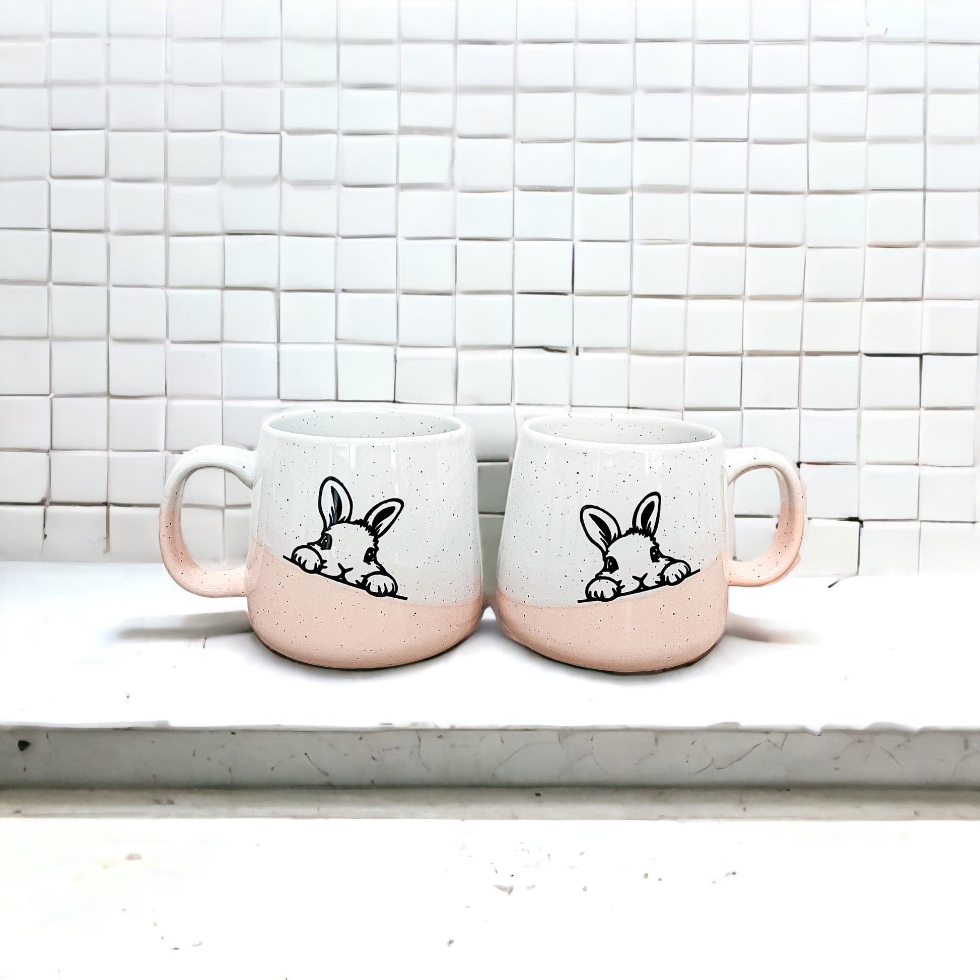 Farmhouse Ceramic Bunny Mug Hand-Painted Ivory With Pastel Pink Base, 12 Oz - - Mugs