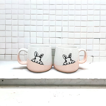 Farmhouse Ceramic Bunny Mug Hand-Painted Ivory With Pastel Pink Base, 12 Oz - - Mugs