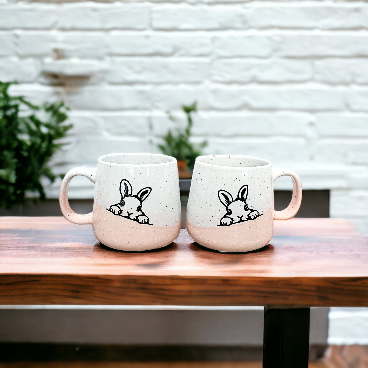 Farmhouse Ceramic Bunny Mug Hand-Painted Ivory With Pastel Pink Base, 12 Oz - - Mugs
