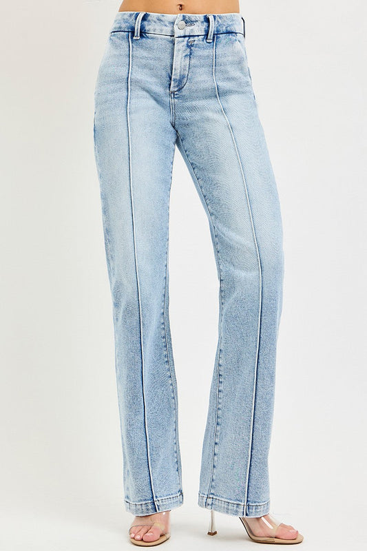 RISEN Tummy Control High Rise Straight Pin Tuck Jeans - LIGHT -