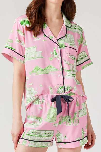 Collared Neck Printed Top and Drawstring Shorts Lounge Set- Wild and Free Boutique- {{Product type}}