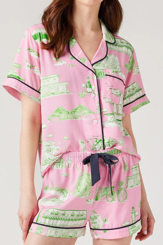 Collared Neck Printed Top and Drawstring Shorts Lounge Set - Blush Pink - 2 piece sets