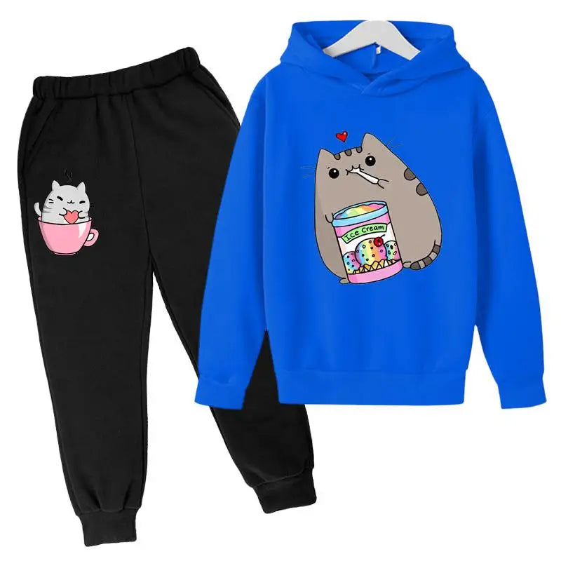 Cat Print Hoodie Clothing Sets blue black