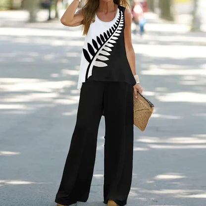 Pullover Sleeveless Round Neck Top Wide Leg Pants Set Two Piece Set