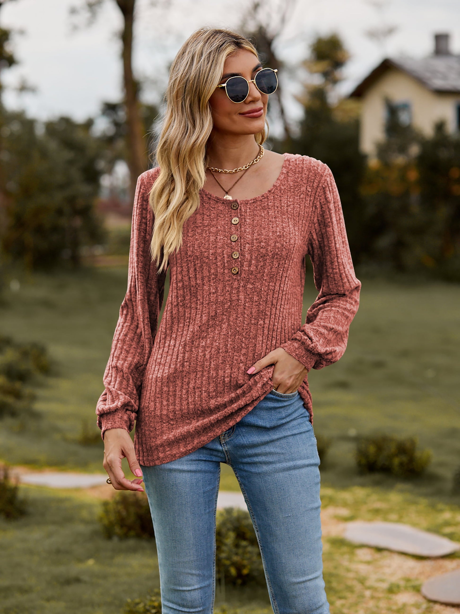Round Neck Button-Down Long Sleeve Tee - -