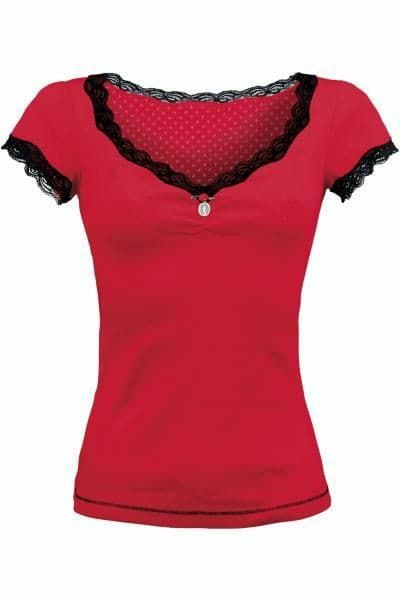 Women's Short Sleeve Lace T-Shirt – Black, Red & Plaid - - Tops