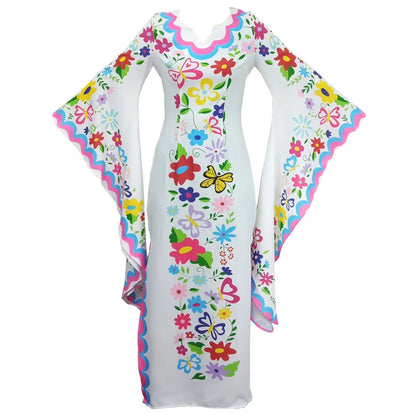 Long Sleeve Ladies O Neck Floral Maxi Casual Dress With Kimono Sleeve