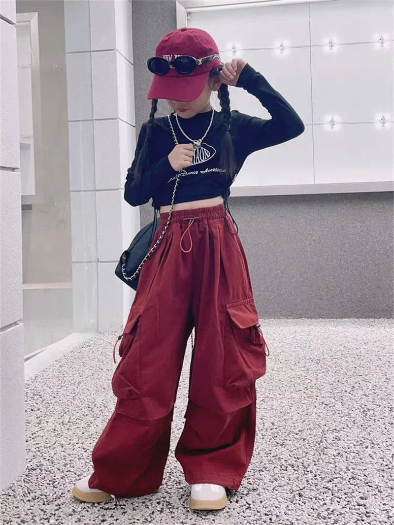 Girls Velvet Cargo Pants High Waist Baggy Pants