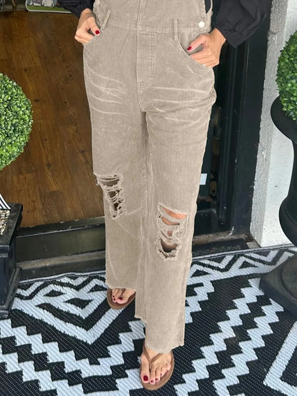 Distressed Wide Leg Corduroy Overalls - -