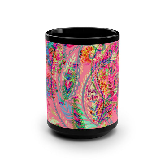 Vibrant Floral Pattern Mug - 15oz Black Coffee Cup - Kia Day Design