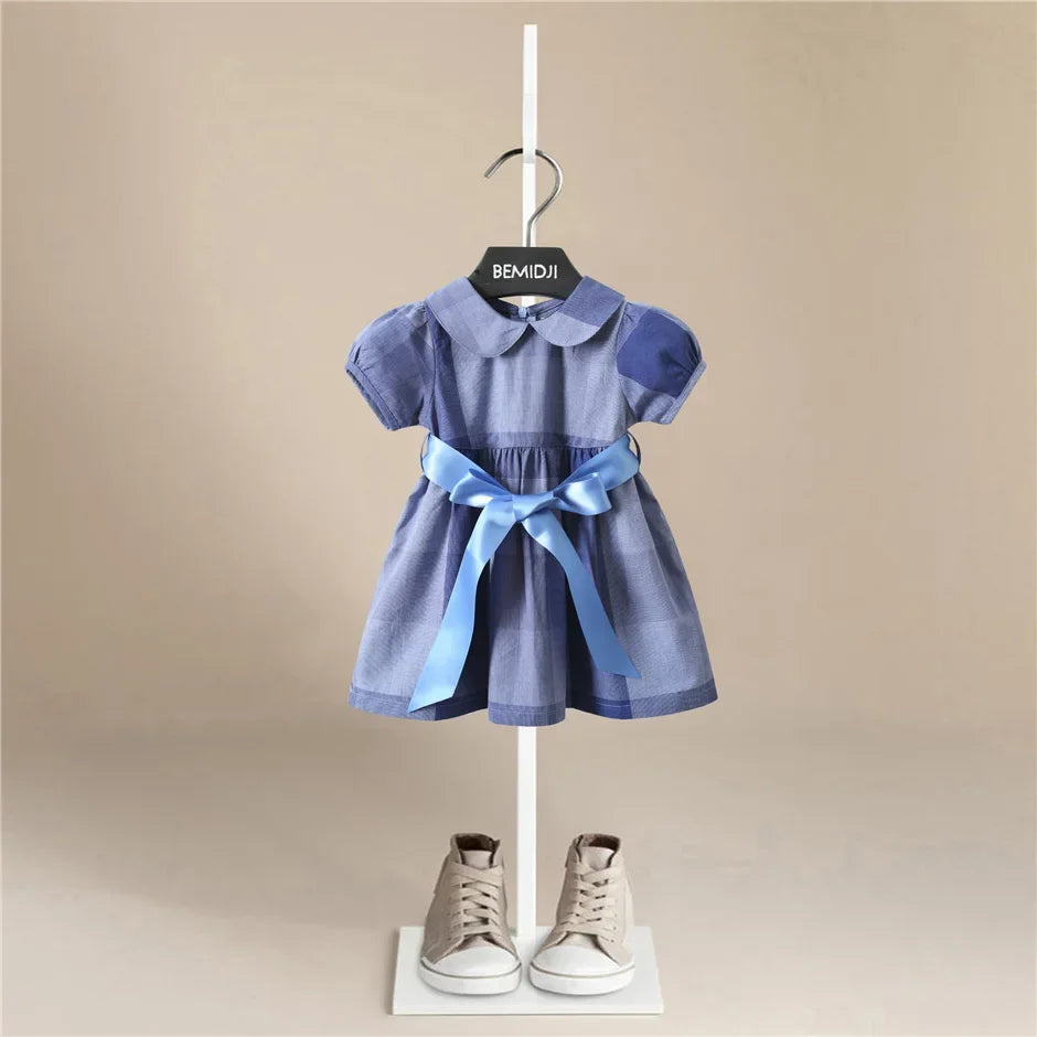 Cotton Casual Plaid Dresses Blue