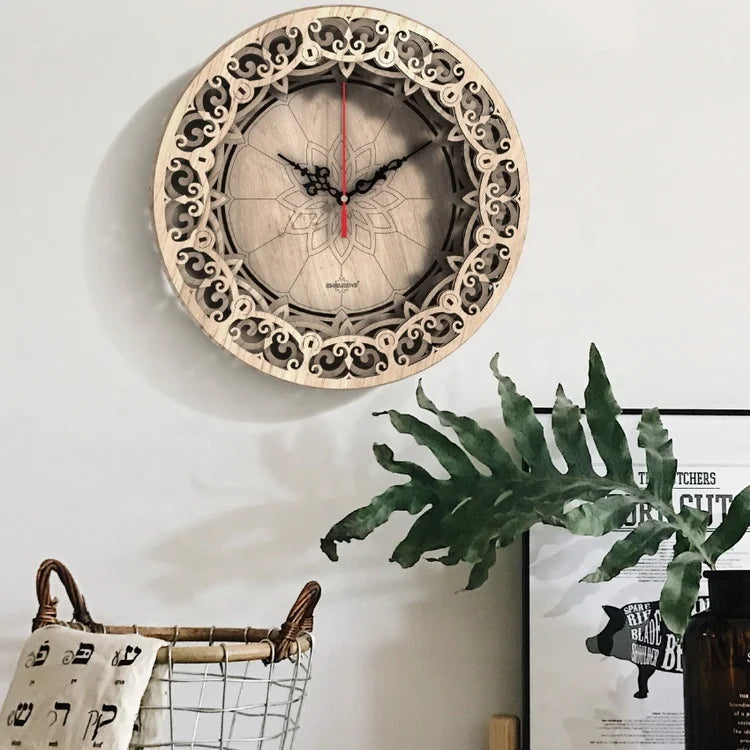 Large Decorative Clock Round Wood Craft Wall Clock