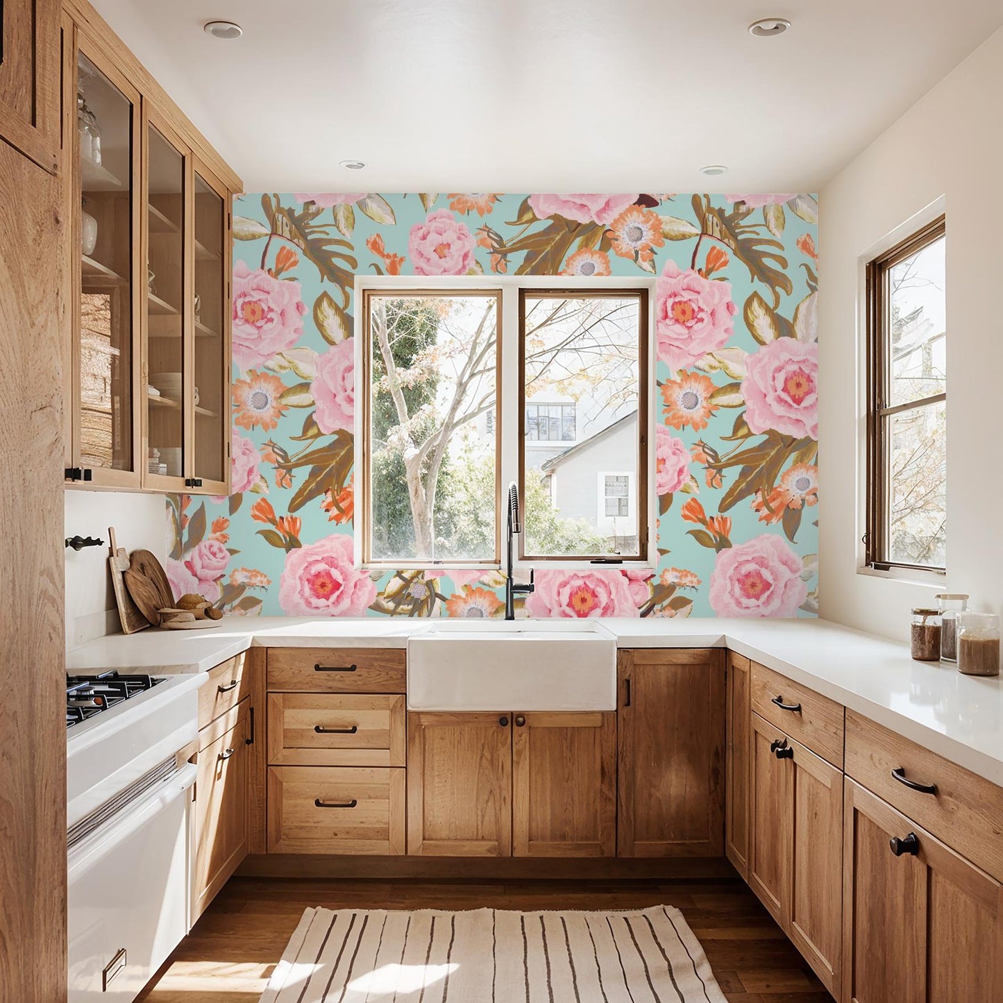 Posh Posy Wallpaper, light blue- Samantha Santana Creative- {{Product type}}