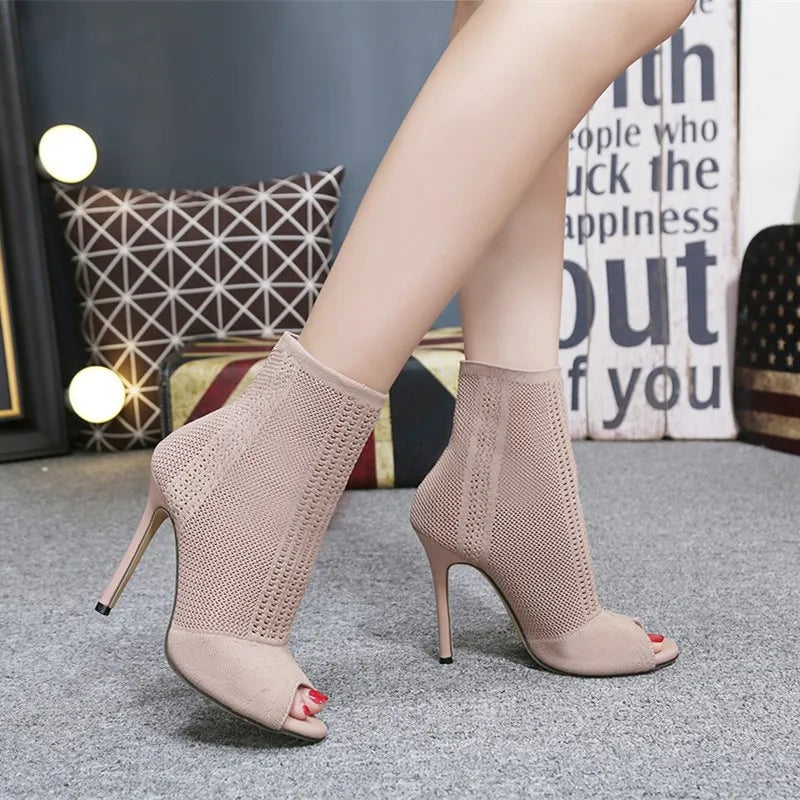 Women High Heels Pumps Hollow Out Mesh Lace-Up Boots Party Shoes 35-40