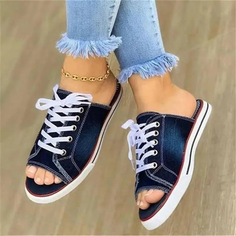 Summer Casual Canvas Shoes Peep Toe Lace Up Denim Ladies Flat Sandals