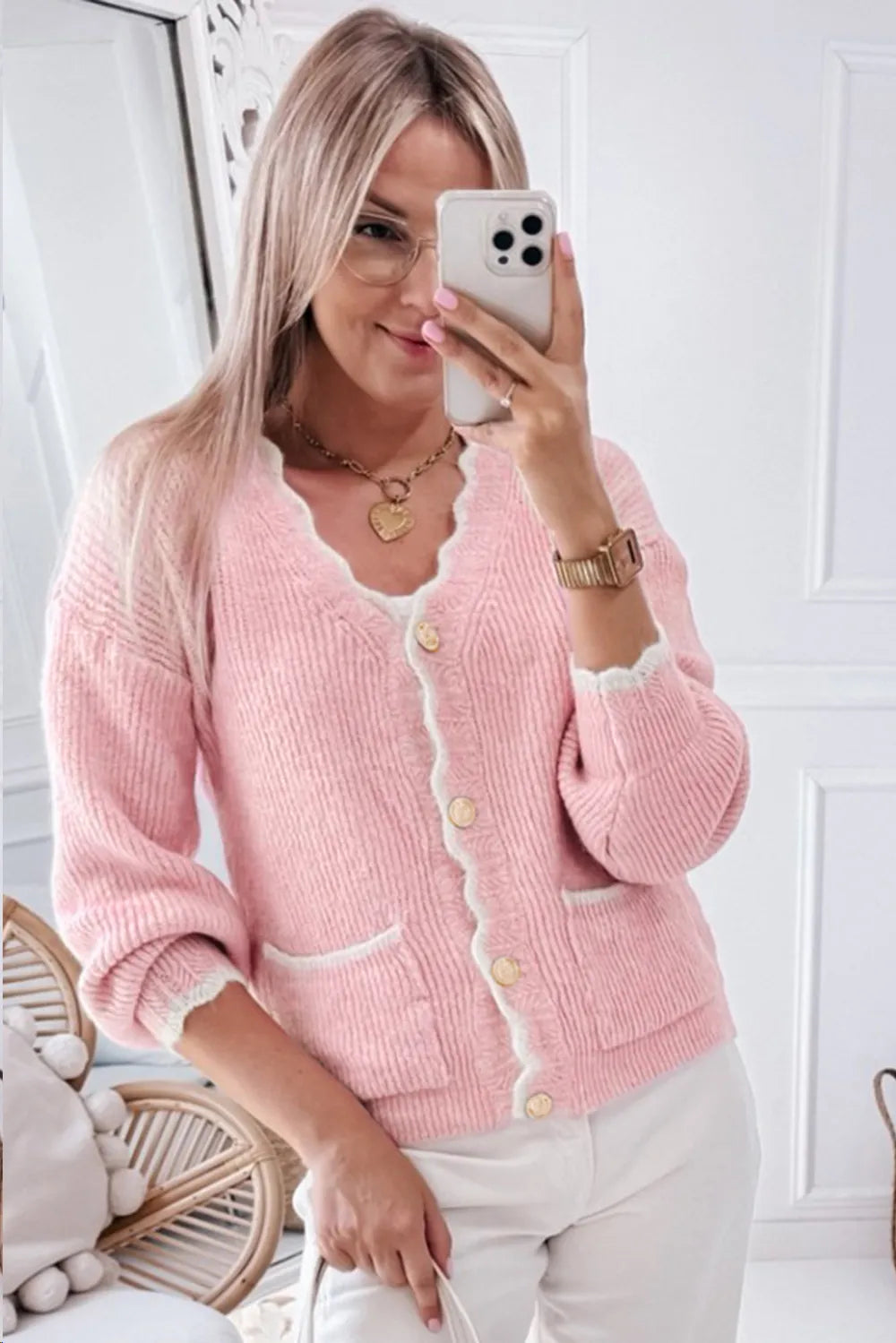 Contrast Trim V-Neck Long Sleeve Cardigan - -
