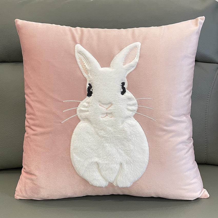 Soft Rabbit Pillow Cover Sofa Cushion Velvet Embroidered Pillow Girl's Heart Pink Cartoon Pillow Cover Cute - 45x45cm(Pillowcase) Pink front bunny -