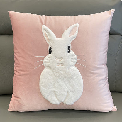 Soft Rabbit Pillow Cover Sofa Cushion Velvet Embroidered Pillow Girl's Heart Pink Cartoon Pillow Cover Cute - 45x45cm(Pillowcase) Pink front bunny -