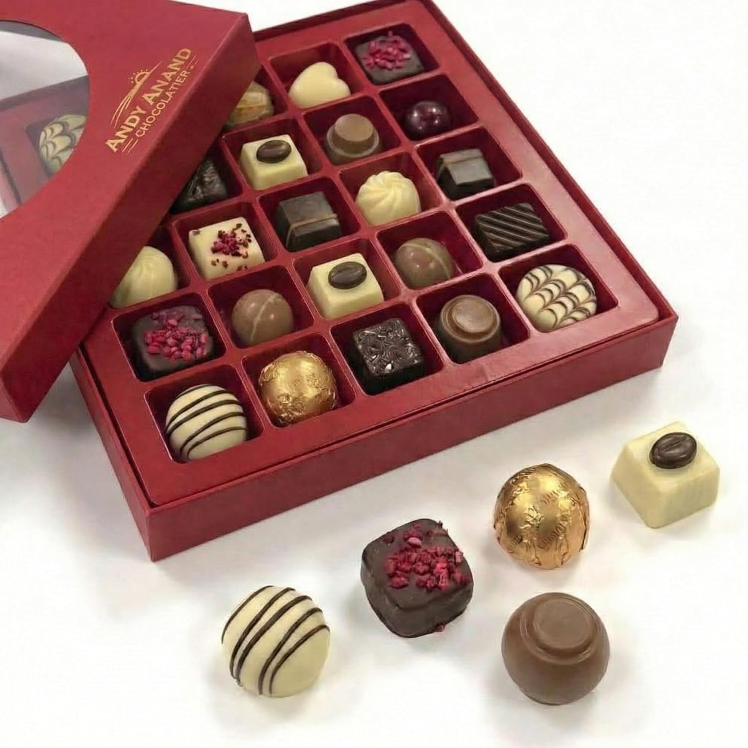 Andy Anand Premium Bon Bon Chocolate Collection, 25 pc – Truffles, Pralines, Pistachio Cream, Mint & Tiramisu, Birthday & Holiday Gift Box - - Food & Beverages > Desserts & Sweets > Chocolate