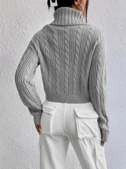 Cable-Knit Turtleneck Long Sleeve Sweater - -