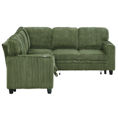 Sofa Bed L-Shape Corduroy Olive Green 5 Seat Pull-Out USB Ports 81 In- NIKKI CASA- {{Product type}}