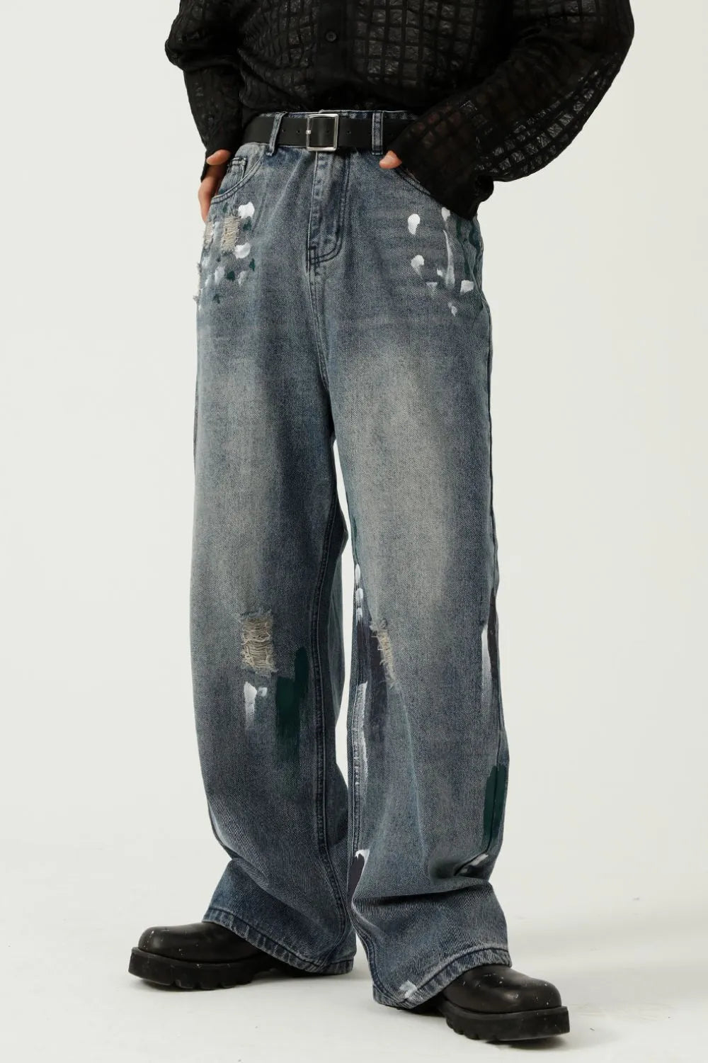 Washed Distressed Wide-Leg Jeans - Medium -
