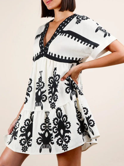 Printed V-Neck Short Sleeve Mini Dress - -