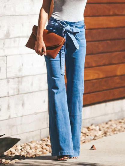 High-Waisted Tie-Front Flare Jeans - -
