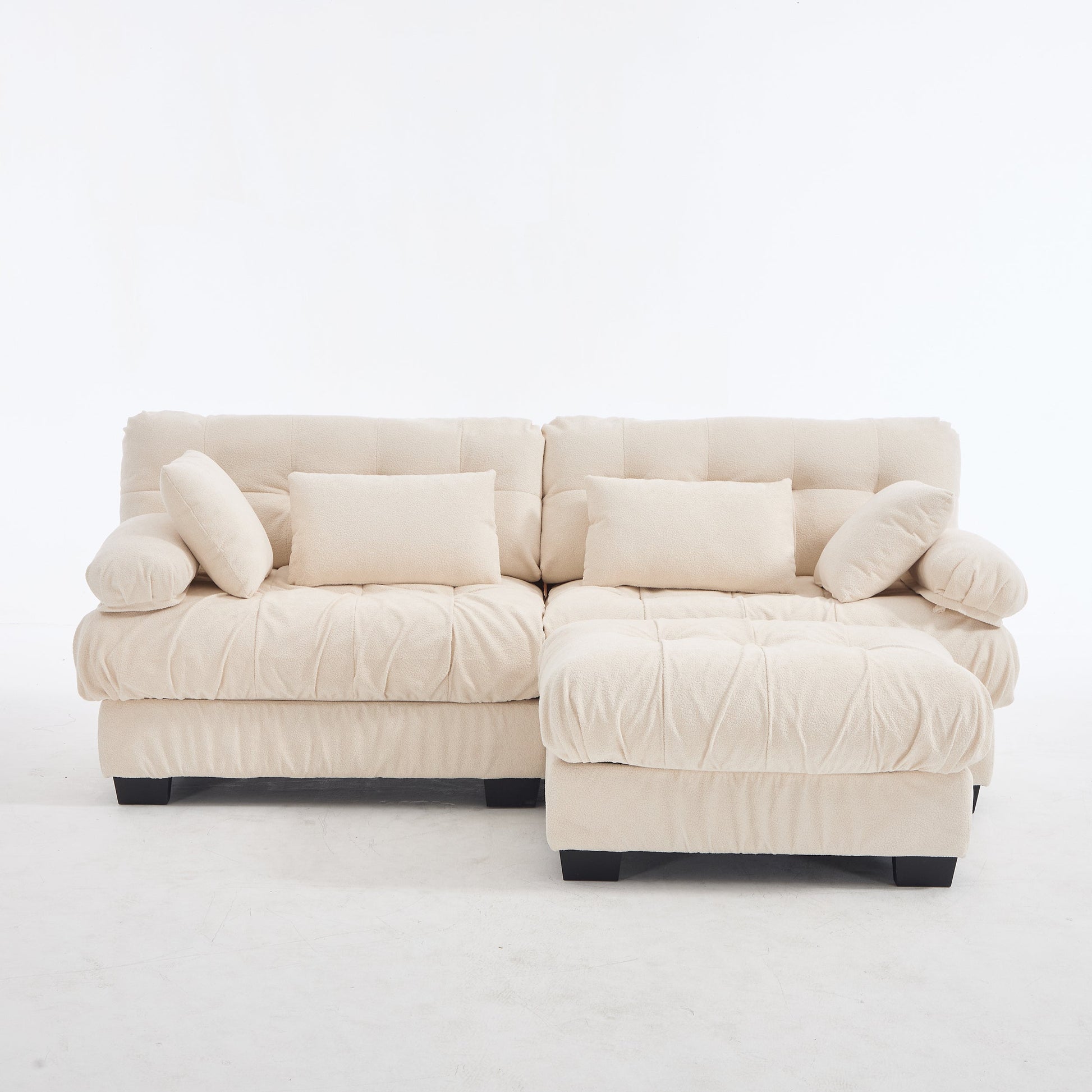 Sectional Sofa L-Shape Cloud Flannelette Beige 3 Seat 88 In 4 Pillows - - Sectional Sofas