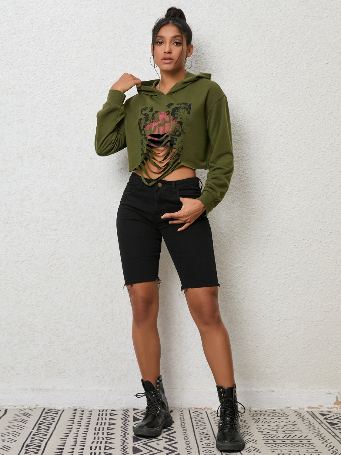 Cutout Long Sleeve Hoodie - -